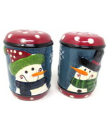 Christmas Snowman Salt Pepper Snowwoman Snowpeople Blue Ceramic Large Ki... - $16.76