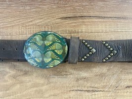 Oval Green Enabled  Moth Belt Buckle, S/M Studded Brown Leather Belt EUC - £23.19 GBP