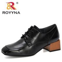 ROYYNA 2021 New Arrival Square Toe Chunky Heels Single Shoes Woman Lace Up Solid - £46.36 GBP