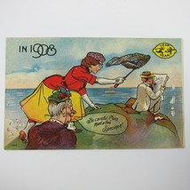 Leap Year Woman Netting Man on Rock Marriage Comic Humor Unposted Antique 1908 - £7.80 GBP