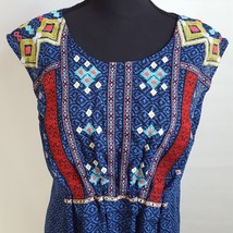 New Directions Weekend Womens Shirt Medium Tunic Blue Tribal Embroidered  - £12.44 GBP