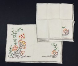 Vintage Hand Embroidered Linen Placemats &amp; Napkin Set 8 pc set Mushrooms Garden - £25.35 GBP
