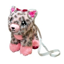 Girls Plush Crossbody Purse Pink and Gray Cheetah Print Cat Bag Sequin Ears - £9.22 GBP