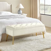 Mid-Century Modern Bed Storage Bench with Ivory Velvet Seat and Gold Legs - $282.49