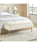 Mid-Century Modern Bed Storage Bench with Ivory Velvet Seat and Gold Legs - $390.15 CAD