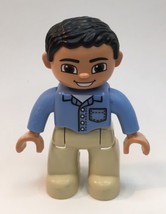 1x Lego Duplo Figurine Man Father Blue Shirt Beige Pants 2.5&quot; Male Brown Hair - £3.93 GBP