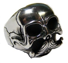 Skull Head W Lg Mustashe Stainless Steel Ring Size 10 - S-551 Biker Men Women - £6.01 GBP