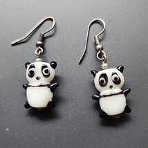 3D Panda Bear Dangle Earrings Lampwork Art Blown Glass Handmade Silver T... - $15.49