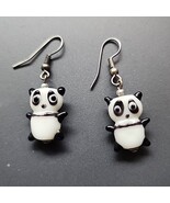 3D Panda Bear Dangle Earrings Lampwork Art Blown Glass Handmade Silver T... - €13,31 EUR