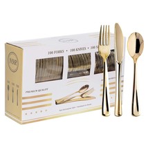 300Pcs Gold Plastic Silverware - Gold Plastic Cutlery Set Disposable Flatware Di - £47.72 GBP