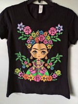 Frida Kahlo Size M Animated Cartoon Tshirt Neon Flowers Monkey Black Cotton  - £7.90 GBP