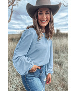 Mist Blue Corded Frilly Puff Sleeve Round Neck Blouse - $4,007.36 MXN
