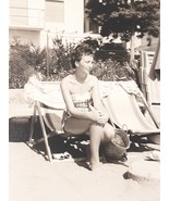 1959 Original Photo Beautiful Young Woman Beach Chair Feet in Sand Swims... - £7.53 GBP