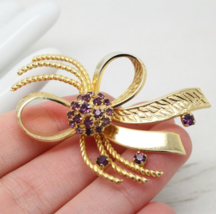 Vintage Purple Crystal Rhinestone Gold Woven Rope Ribbon BROOCH Pin Jewellery - £9.66 GBP