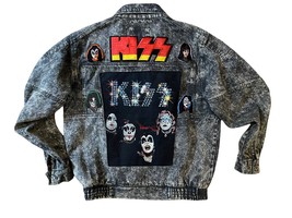 Vintage Acid Stone Wash Denim Jacket Kiss Patch Rock Band 80s 90s Metal M - £112.41 GBP