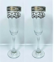 LOT OF 2 Pure Platinum Italy Champagne Flutes 6 oz, Hand Decorated - $29.67