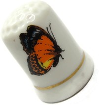 Orange Monarch Butterfly Porcelain Ceramic White Thimble Vintage Gold Trim Band - £11.86 GBP