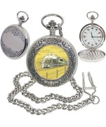 Silver Pocket Watch Locomotive Design Swiss Movement Men Big Size with F... - $36.91 CAD