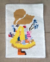 Vintage Finished Craft Yarn Needlework Bonnet Girl Holding Flowers Seventies - £18.68 GBP
