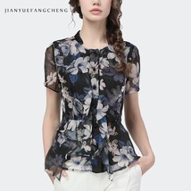 Vintage Flower Printed Chiffon Blouse Women Summer New Short Sleeve Square Neck  - £135.98 GBP