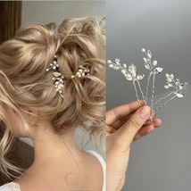 Silver Leaf Crystal Pearl Hair Pins 3pcs, Bridal Wedding Hair Accessories - £14.11 GBP