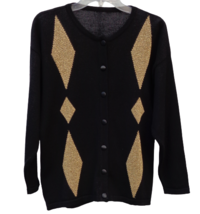 Vtg Black Gold Diamond Argyle Button Cardigan Sweater Merino Wool Italy Sz 44 M - £29.42 GBP