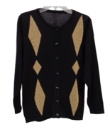 Vtg Black Gold Diamond Argyle Button Cardigan Sweater Merino Wool Italy ... - £29.59 GBP