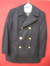 Vintage USN Black Pea Coat Navy 100% Wool Military Jacket Brass Buttons 40L - £54.17 GBP
