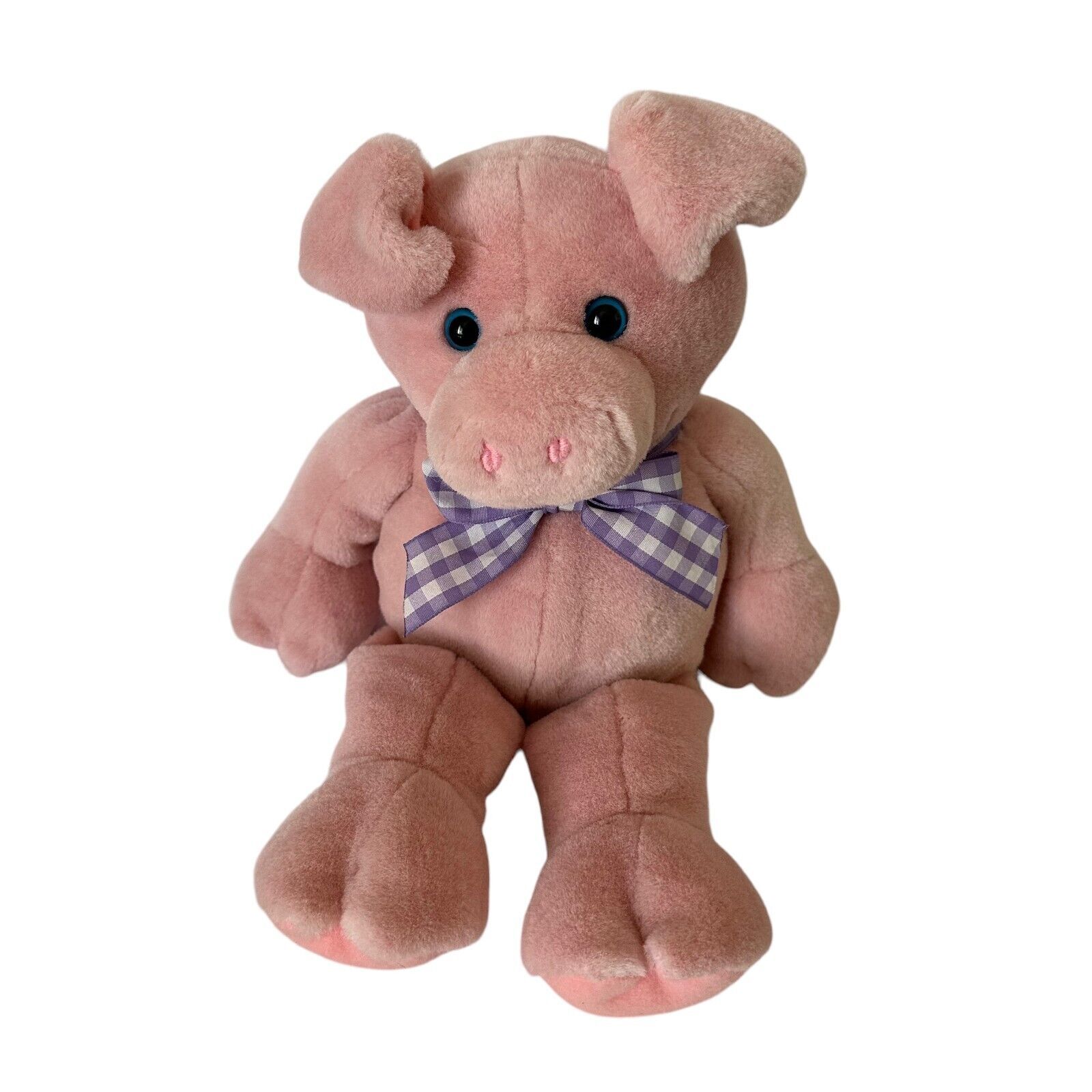Jstuff Pink Pig Plush Stuffed Toy Animal Purple Checkered Bow Blue Eyes - £14.76 GBP