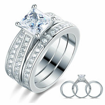 3Pcs Wedding Engagement Ring Set Princess Cut Created Diamond 14k Gold Over - £77.31 GBP