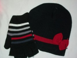 Black Red Bow Winter Beanie Gloves Mittens Set Hat Cap Knit  Girl&#39;s Child&#39;s - £15.97 GBP