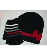 Black Red Bow Winter Beanie Gloves Mittens Set Hat Cap Knit  Girl&#39;s Child&#39;s - £15.84 GBP
