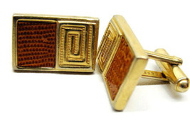 Gold Tone Cufflinks Lizard Leather Inserts Speidel Vintage Cuff Links Tux Shirt - £27.23 GBP