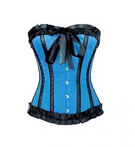 Plus Size Corset Blue Satin Black Lace Retro Costume Overbust Waist Training Top - £52.76 GBP