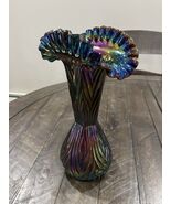 Vtg Fenton Amethyst Black Carnival Ribbed &amp; Crimped Glass Vase Diamond P... - $247.49