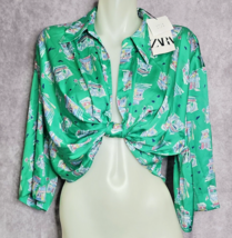 ZARA Green Twist Front Crop Top Blouse Knotted Womens Size Medium Bell S... - $22.99