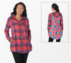 Tolani Collection Plaid Tunic with Print Back (Wtrmln/TeaPlaid, XSP) A383446 - £20.25 GBP