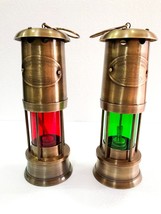 Antique Vintage Style Brass Miner GREEN/RED Lantern Ship Lantern Oil Set Of 2 - £73.90 GBP