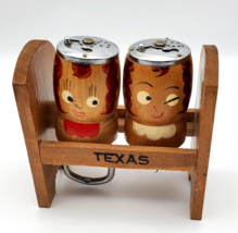 Vintage Wooden Salt And Pepper Shakers Corkscrew Bottle Opener Texas Stand VG - £7.01 GBP