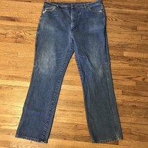 VINTAGE WRANGLER 936 DEN LEATHER PATCH MEDIUM LIGHT JEANS 42X34 - £5.50 GBP