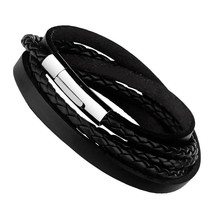 Unisex Black Braided Leather Wrap Bracelet Stainless Steel Clasp 55cm - £17.38 GBP