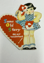 Vintage Valentine Card Mechanical Die Cut USA 1960s Same Old Story Girl w/ Flags - £11.04 GBP