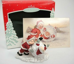 Christmas Joy Hallmark Chalkware Ornament w Matching Postcard Boy in Snowball - $14.10
