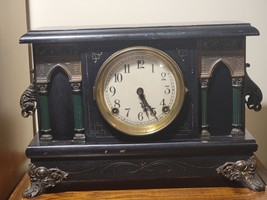 Antique Mantel Clock Front Metal Pillars Ornate Brass Feet &amp; Handles &quot;Sessions &quot; - $120.77