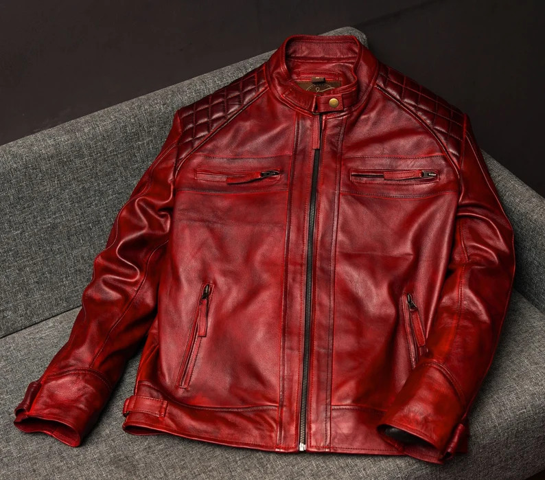 Red Burgundy Customized Motorcycle Fashion Leather Jacket - Unique Design - $190.00