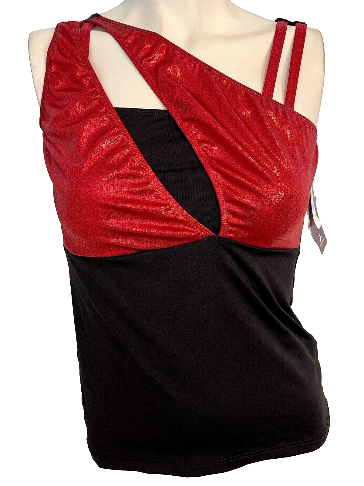 Motionwear Women&#39;s Asymmetrical Dance Tank Red/Black Size Large New with... - $14.24