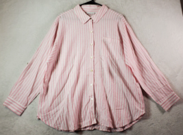 Susan Graver Shirt Women Petite Large Pink White Stripe Linen Collar Button Down - £18.08 GBP