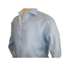 Mens 100% Linen Summer Shirt J.Valintin Turkey-Usa High Collar OBR78-09 Blue image 2