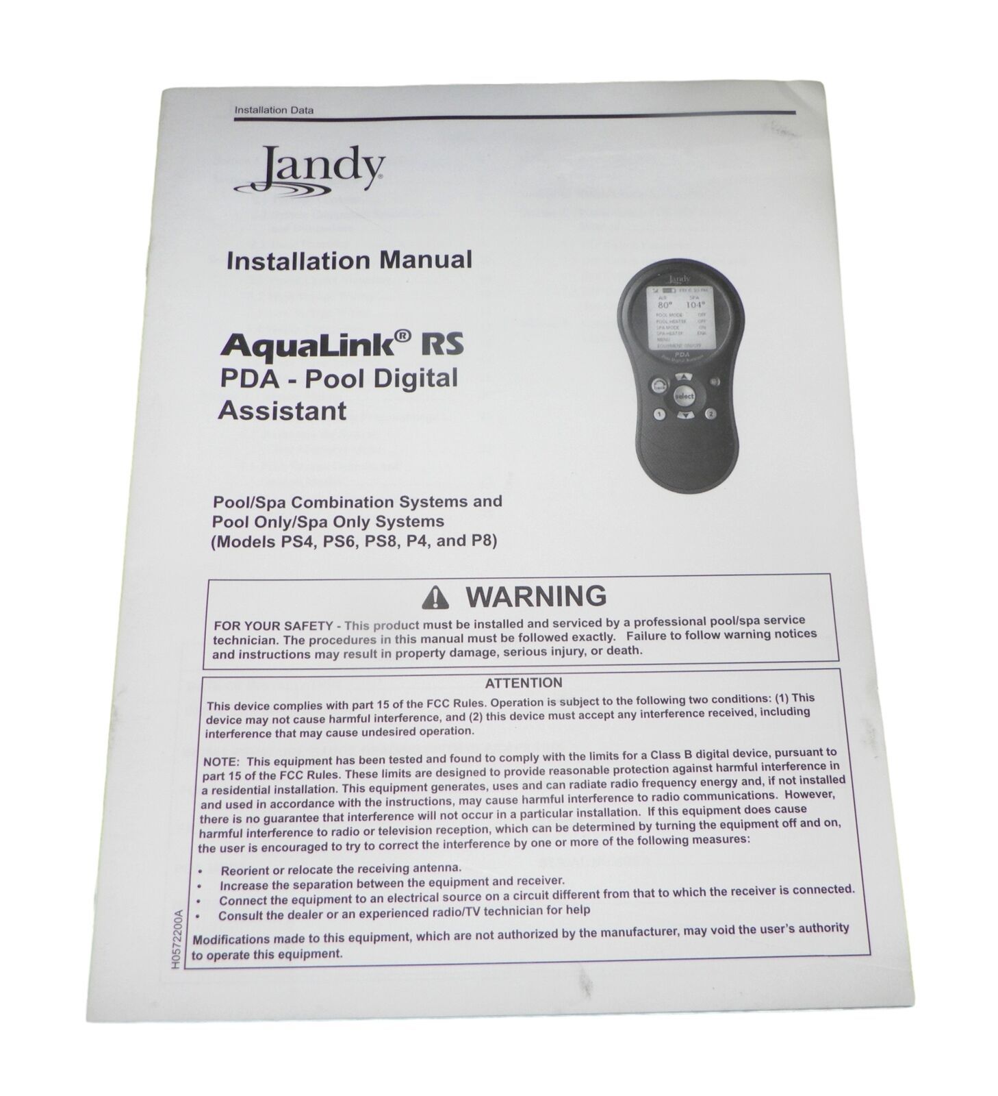 Jandy Aqualink RS PDA Pool Digital Assistant Installation Manual