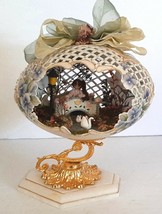 REAL Rhea Egg Carved Trellis Work Diorama of Bridge Girl and Swans Swimming  - £100.18 GBP